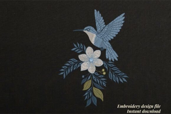 Elegant Blue Hummingbird Flying Floral Design