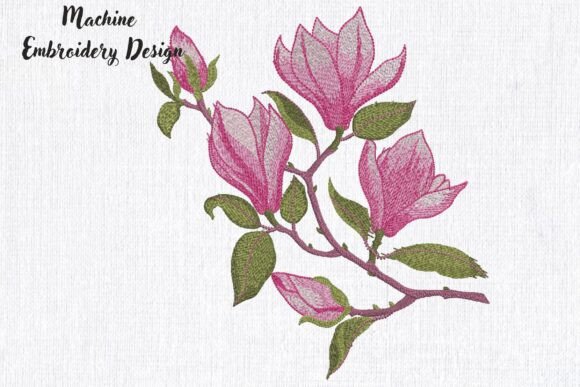 Spring Pink Magnolia Flowers Branch Embroidery