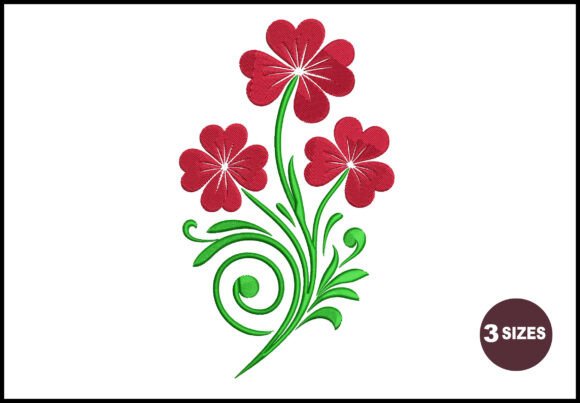 Three Red Heart-Petal Flowers Embroidery