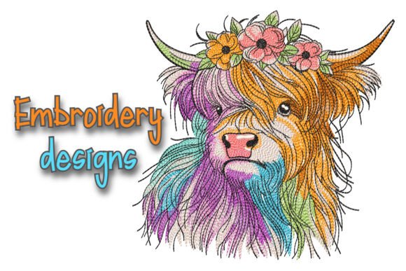 Vibrant Scottish Highland Cow Embroidery Design